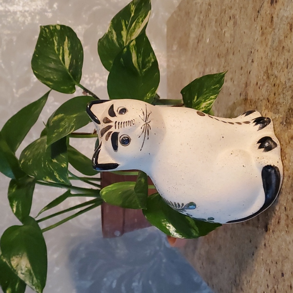 Tonala folkart pottery Cat signed RS Mexico